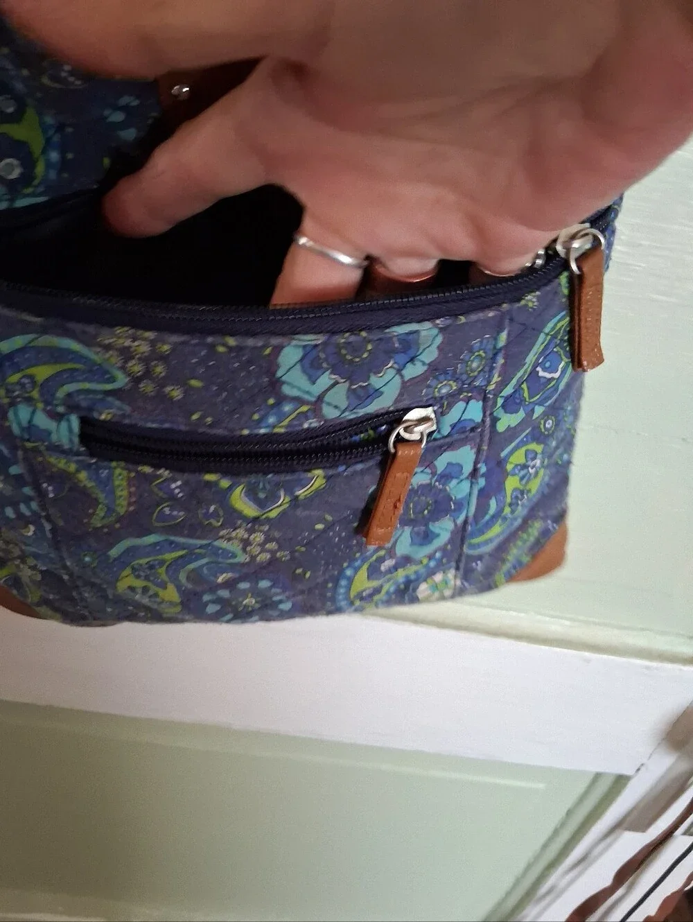 Stylish Blue Paisley Crossbody Bag with Tan Accents